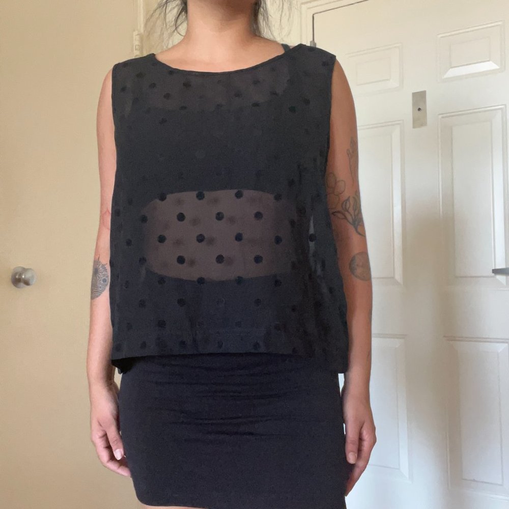 Black mesh tank with polka dots
